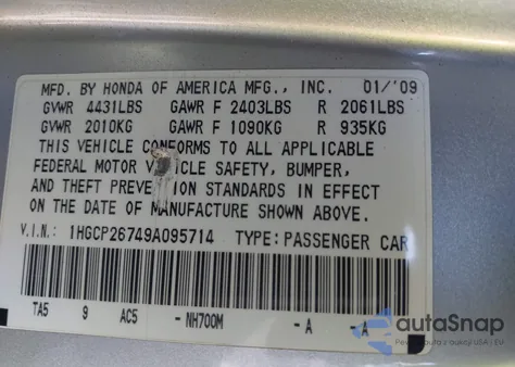 2009 Honda Accord 2.4 Ex z USA, uszkodzony, nr VIN 1HGCP26749A095714